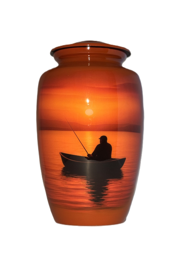 Bright Orange Fisherman in Boat Lake Urn
