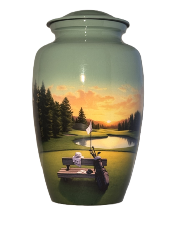 Green Golf Bag on Bench Urn