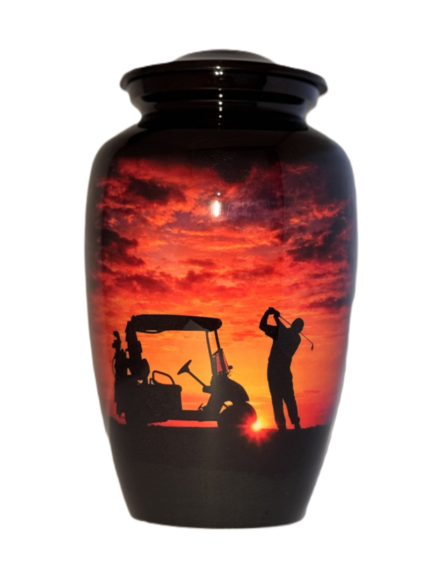 Sunset Sky Golfer and Golf Cart Urn